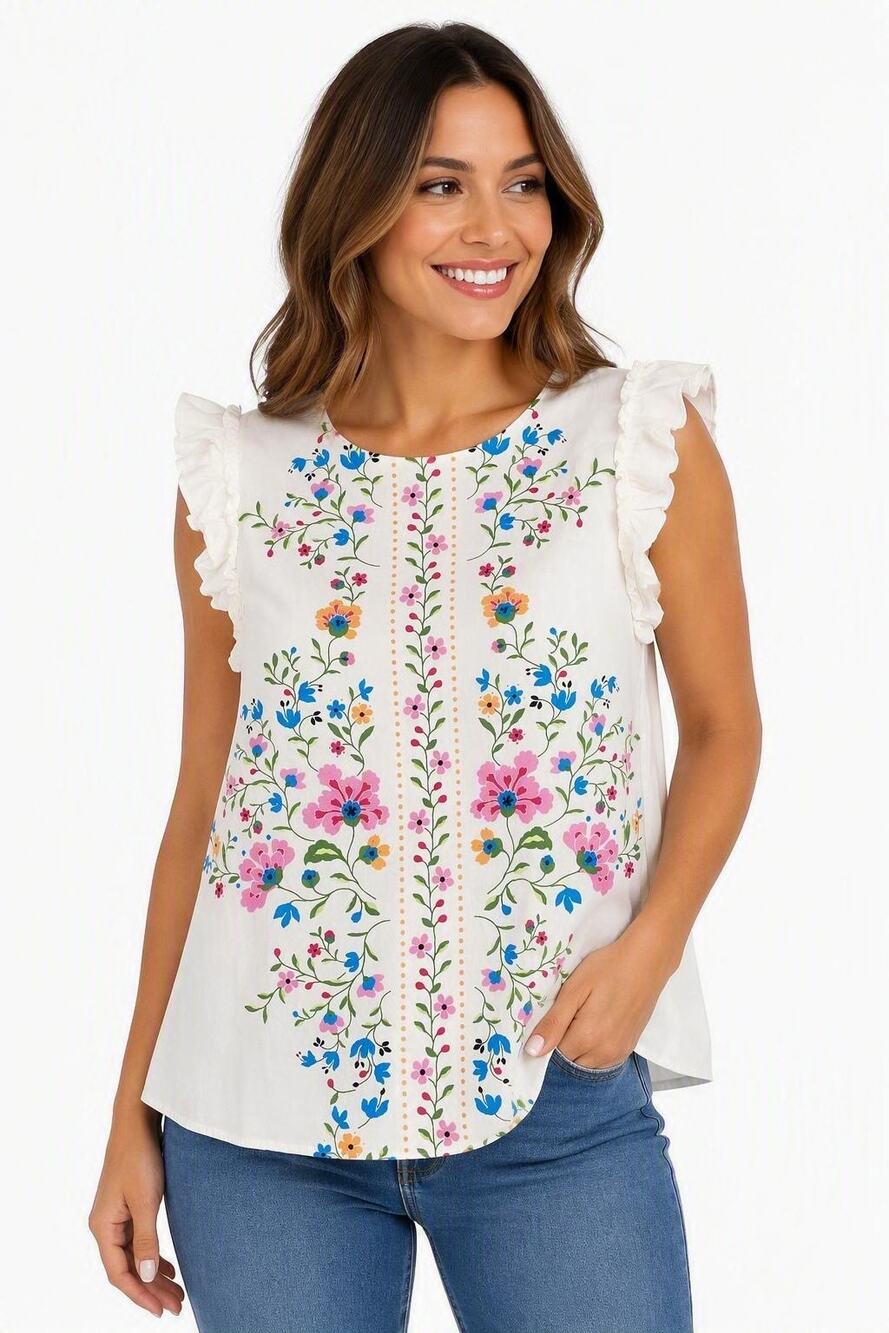 CeCe XL White Floral Ruffle Sleeve Blouse Cottagecore Boho Spring Summer Top